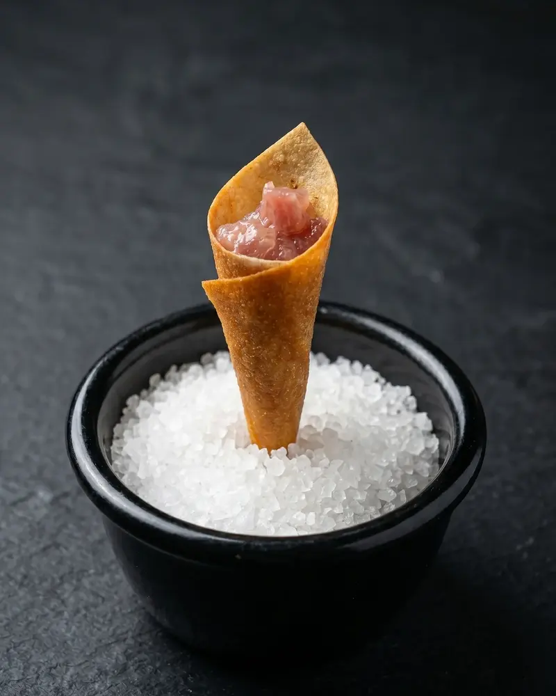 Cone dourado recheado de atum, de pé sobre sal grosso em tigela preta